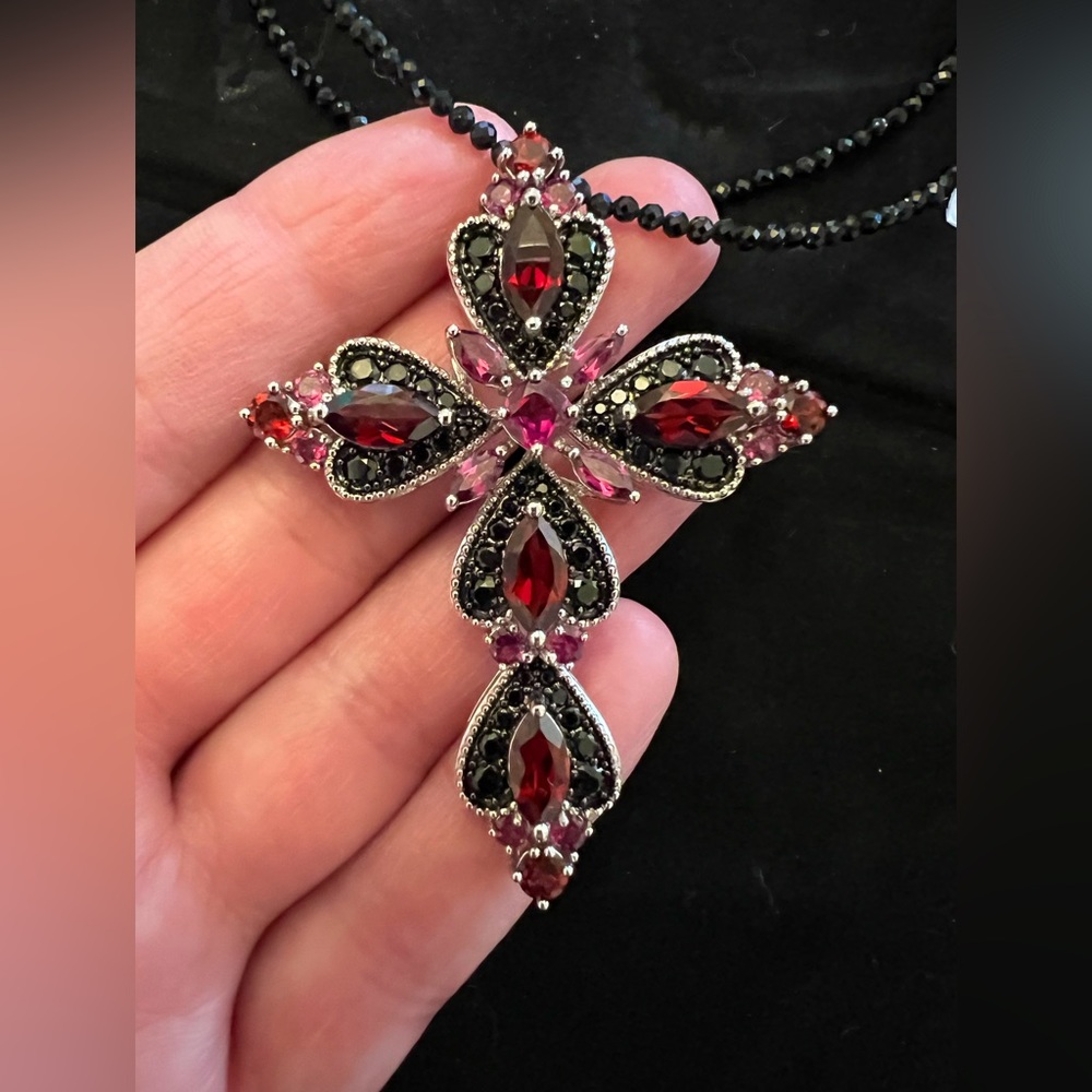 Black Spinel Gemstone Beaded Necklace with Gemstone Cross